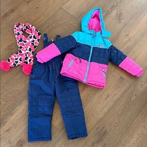 Pink Platinum Girls' Pink, Teal & Navy Quilted Winter Jacket with Bib Snow Pants